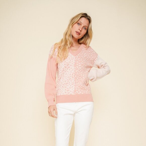 HEM & THREAD Blush Pink Leopard Print Sweater, V-Neck Soft Knit Pullover - Picture 3 of 8